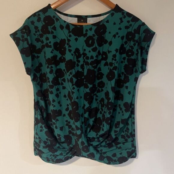 Pl worthington cap sleeve cuff floral print pattern green black blouse ladies - Picture 2 of 16